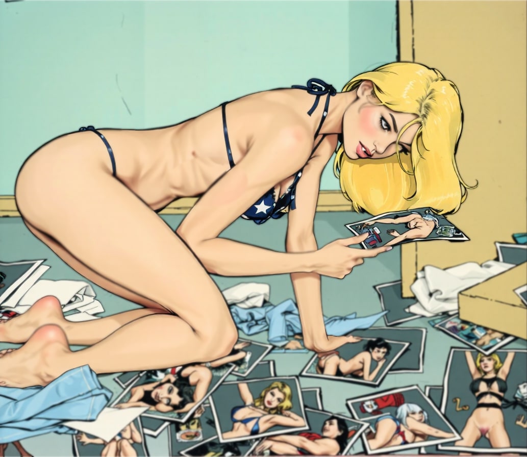 Robin looks at pictures on the floor